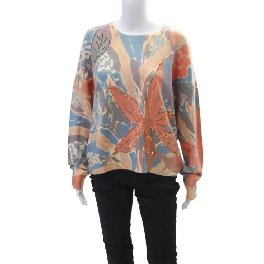 Renuar Womens Floral Print Sequined Pullover Knit Sweater Orange Size XS